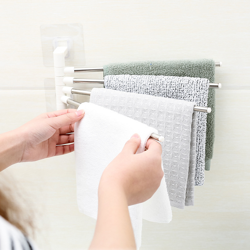 Multi-functional seamless four-bar towel rack stainless steel towel rack kitchen bathroom non-perforated towel storage rack