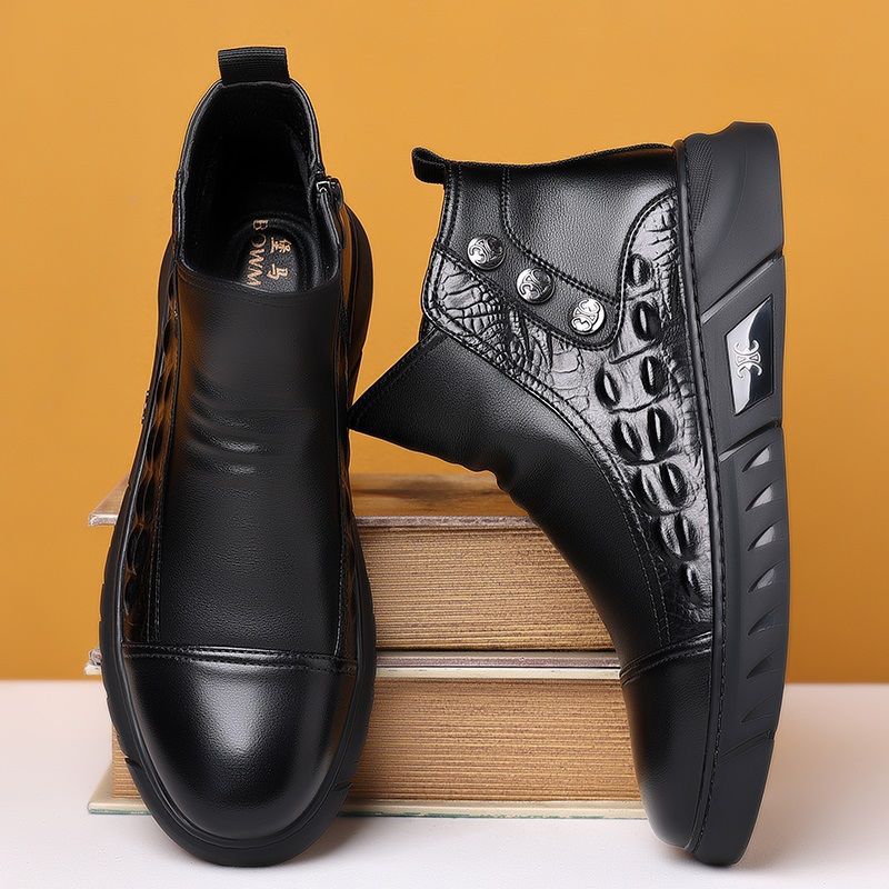 Martin boots men's shoes 2023 Winter new high-top casual crocodile pattern men's trendy fleece-lined warm side zipper overalls boots