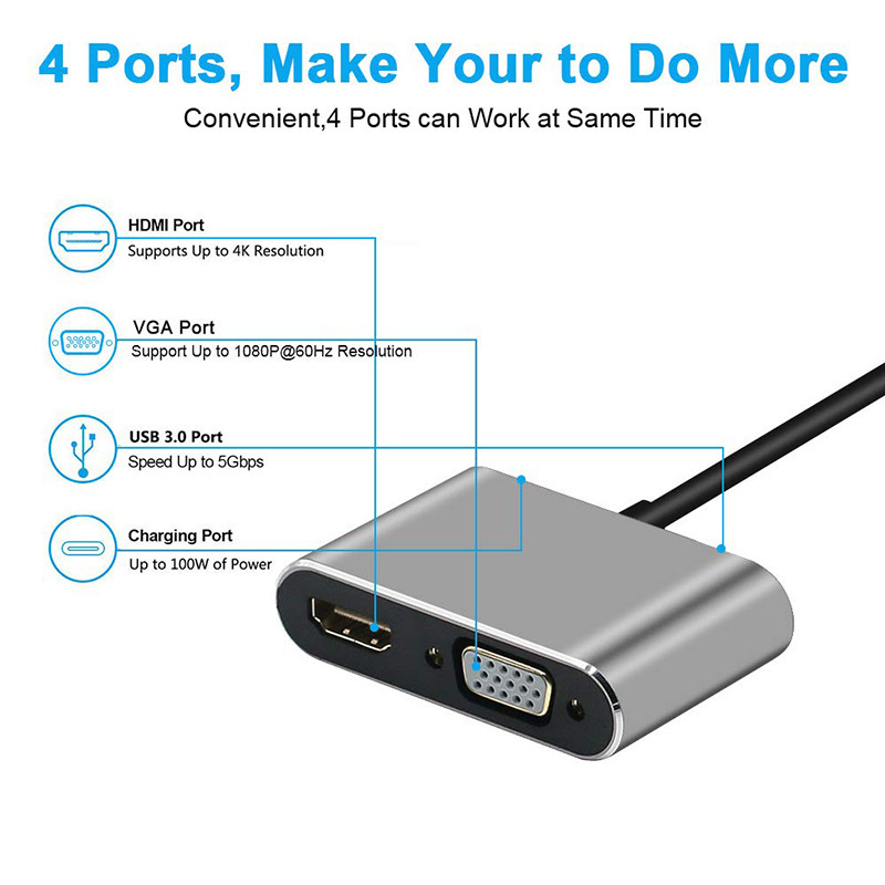Type-c to HDMI + VGA + USB + PD four-in-one expansion dock monitor projector adapter docking station