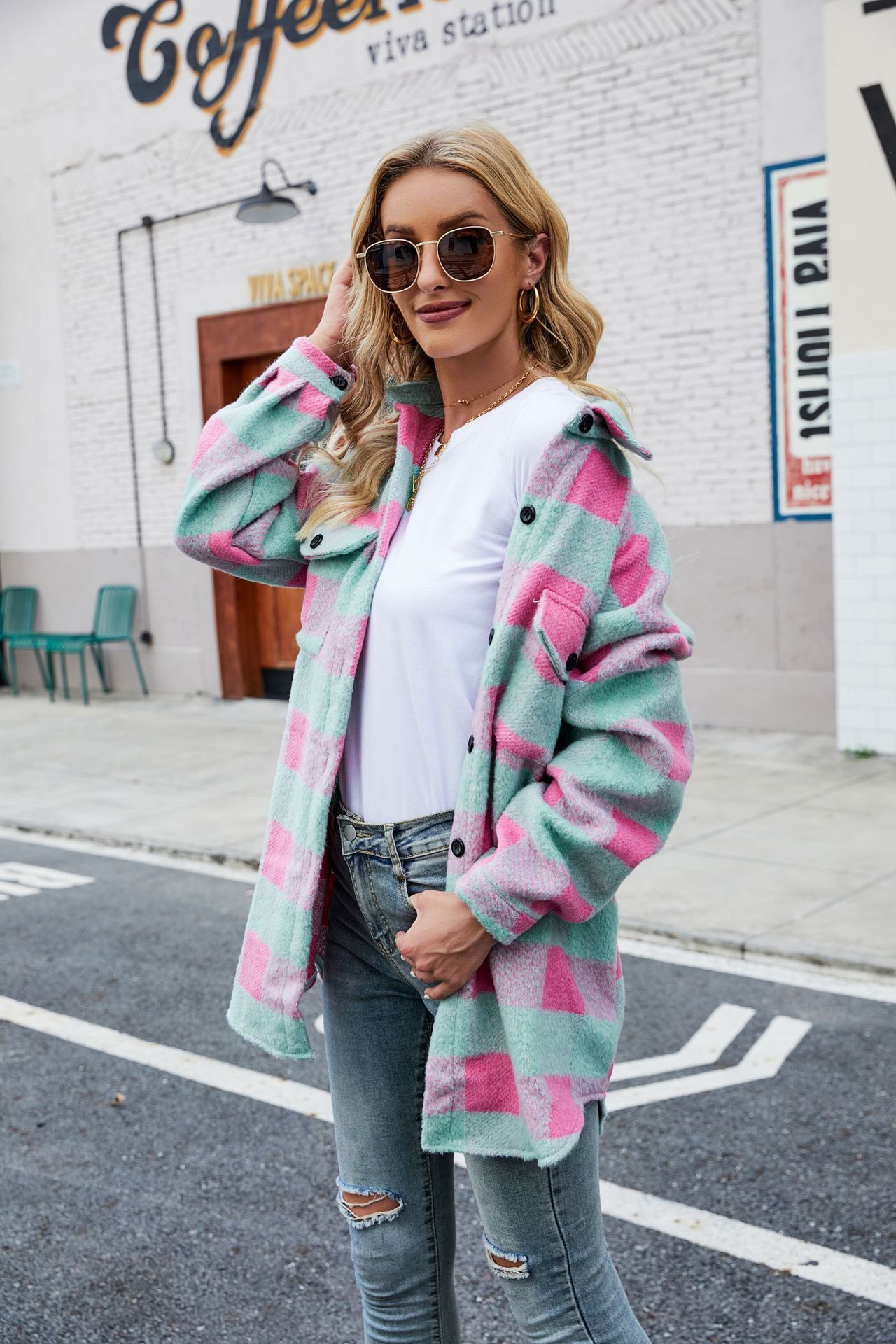 European and American Explosions Fall/Winter 2023 New Sanding Wool Coat Single-breasted Lapel Long-sleeved Plaid Cardigan Shirt for Women