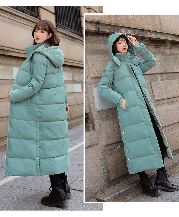 Long over-the-knee hooded Warm jacket jacket women's winter coat thickened warm over-the-knee solid color casual slim-fit cotton-padded jacket fashion_voghion.com