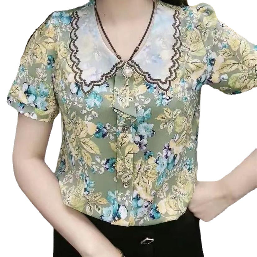 2024 Summer new small floral chiffon shirt women's summer design top doll collar short sleeve floral shirt