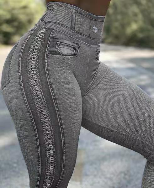 In Stock European and American AliExpress popular women's fashion zipper printing Denim sports leggings hip lifting plus size