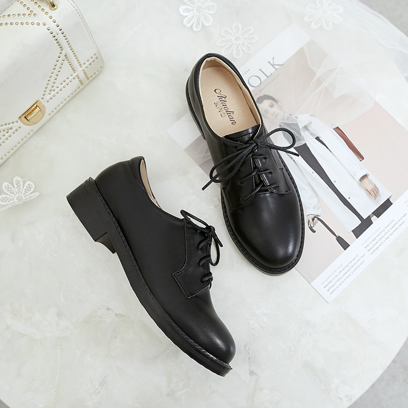 Lace-up British Style Loafers 2024 New Brock Small Leather Shoes Women's Round Head Soft Leather Thick Heel Casual Single-layer Shoes for Women