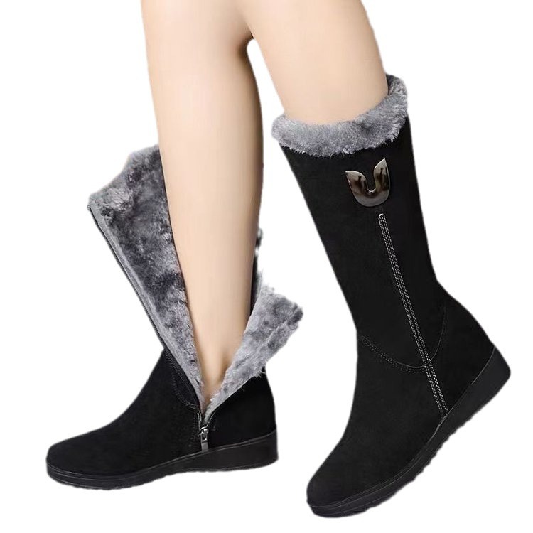 Winter versatile snow boots women's shoes fleece-lined thickened mid-calf Martin boots wedge non-slip warm side zipper cotton boots