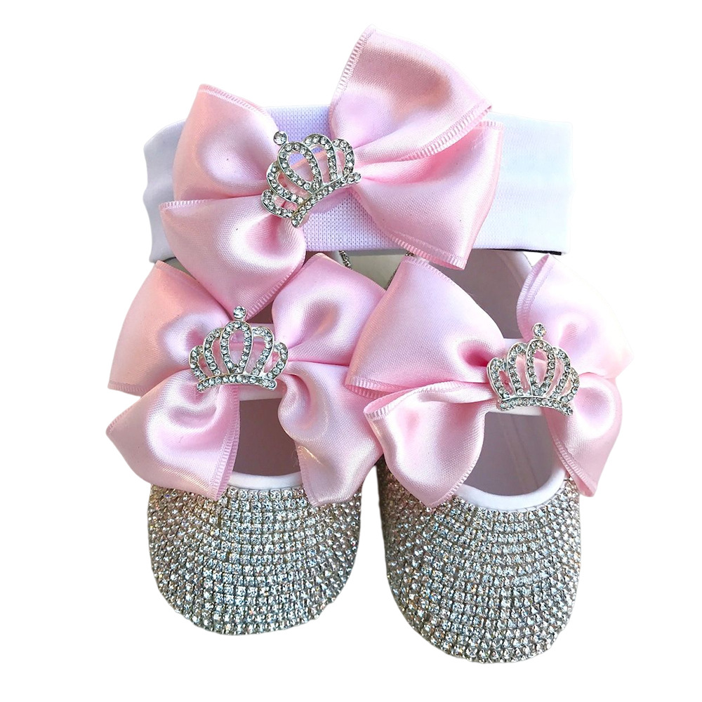 Baby photography props shoes princess shoes and headband with Crown Crystal Diamond Baby toddler shoes soft sole set
