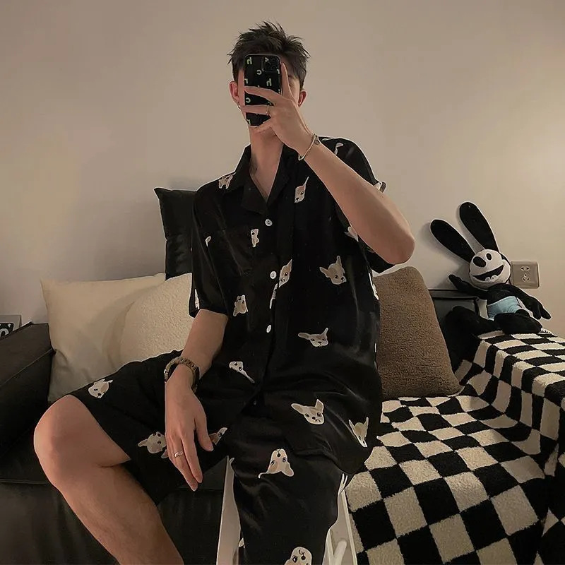 Men's Pajamas Summer Ice Silk Short-sleeved Thin Outer-Wearing High-end Summer Silk Simulation Large-size Home Suit