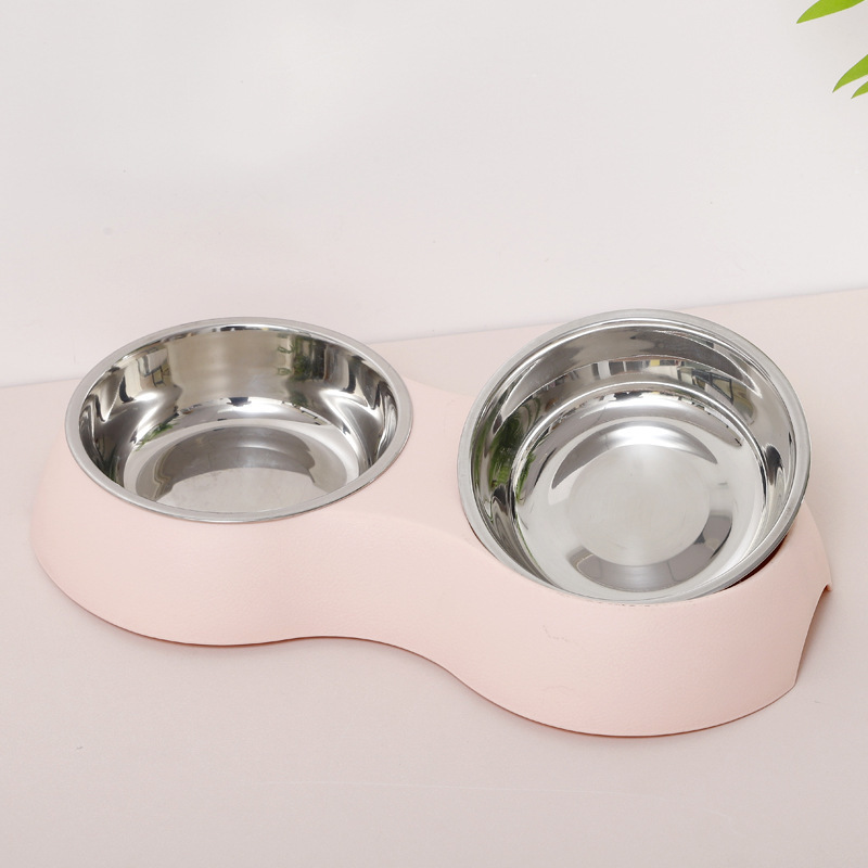 Pet Stainless Steel Double Bowl Dog Eatware Macaron Color Cowhide Textured Cat Bowl Oval Simple Double Bowl Wholesale