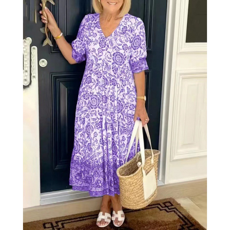 2023 New plus size Super fairy v-neck floral dress seaside holiday beach skirt loose all-match long skirt