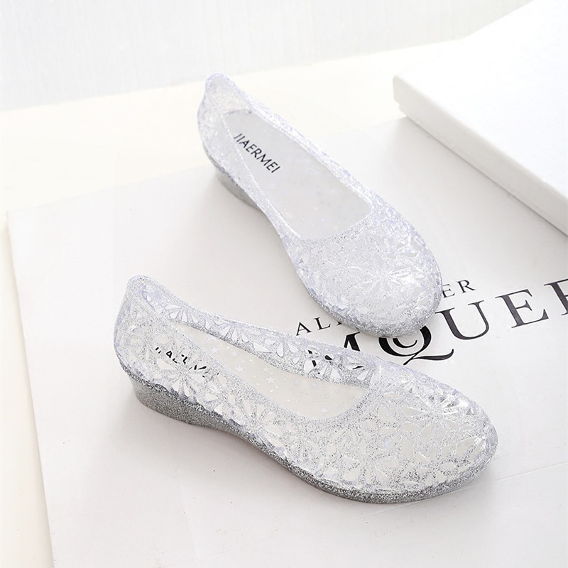 Summer Wedge Jelly Transparent Sandals Women's Crystal Plastic Flat Hollow Bird's Nest Waterproof Beach Shoes Soft Moms Shoes